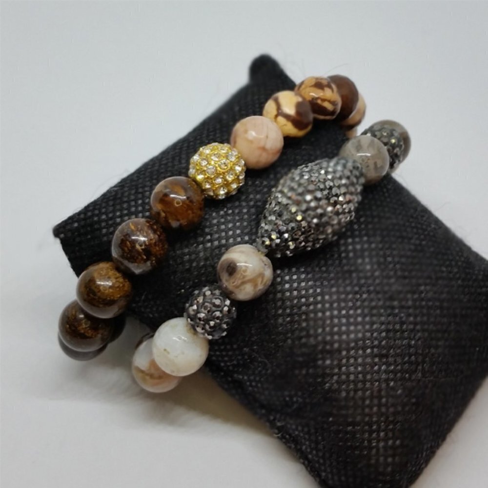 BUNDLE lot 2 natural gemstones and disco ball bead stretch bracelets boho style